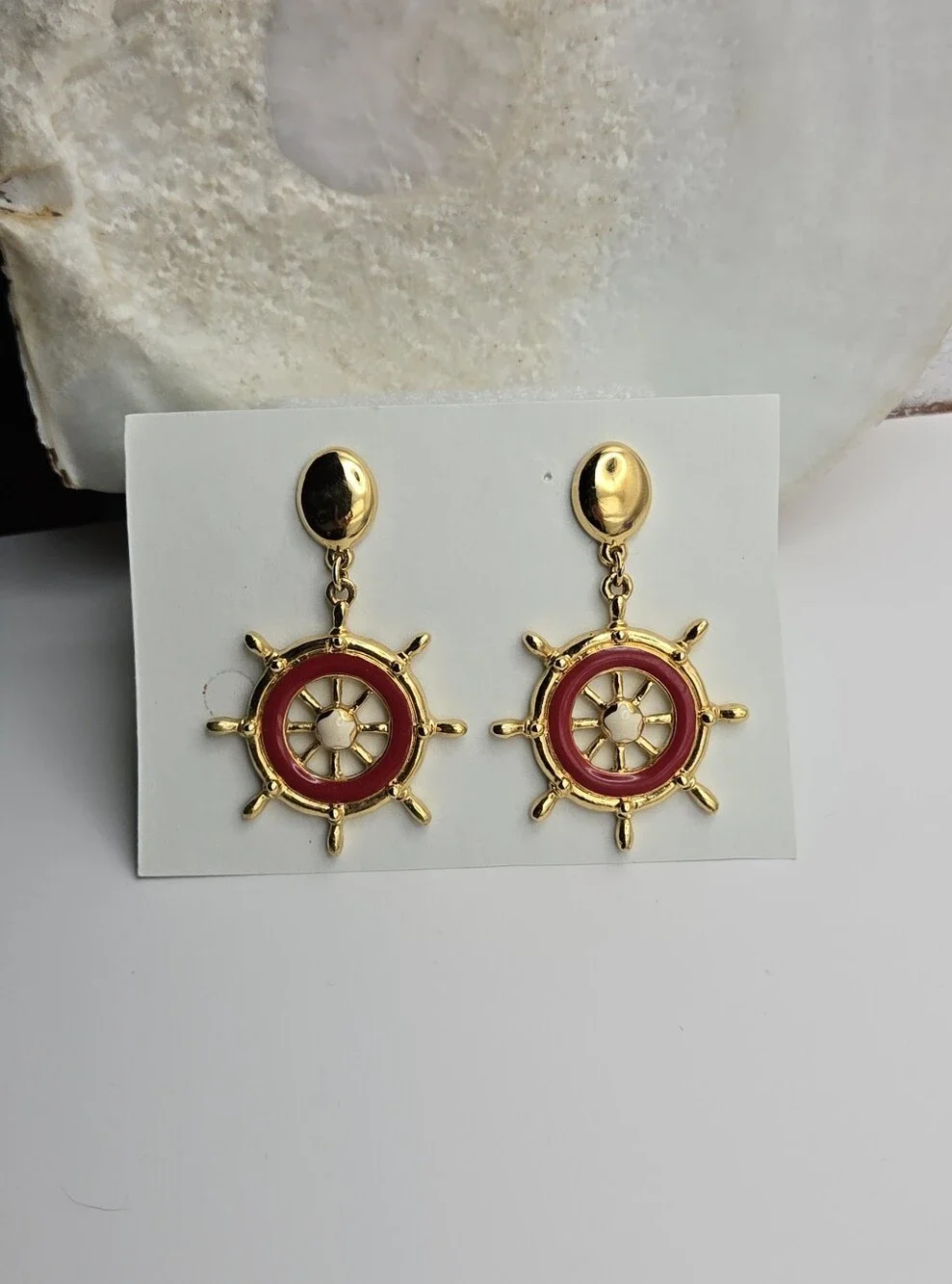 Avon Gold & Red Nautical Ship Wheel Earrings Vintage Style